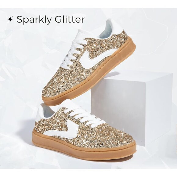 Lucky Step Women Gold White Sparkly Bling Shiny Dressy Bedazzled Bridal Sneakers - Picture 2 of 9